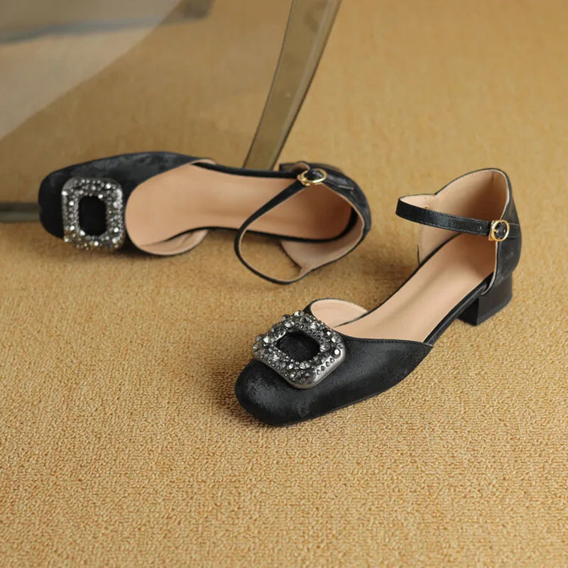 Women's Cotton Fabric Square Toe Buckle Strap Closure Shoes