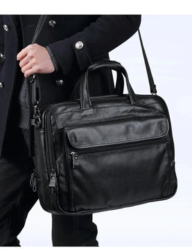 Men's Genuine Leather Zipper Closure Solid Pattern Shoulder Bag