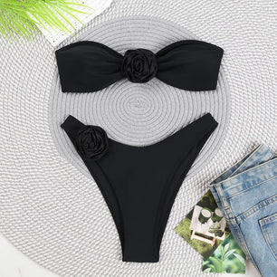 Women's Polyester Mid Waist Swimwear Solid Pattern Bikini Set