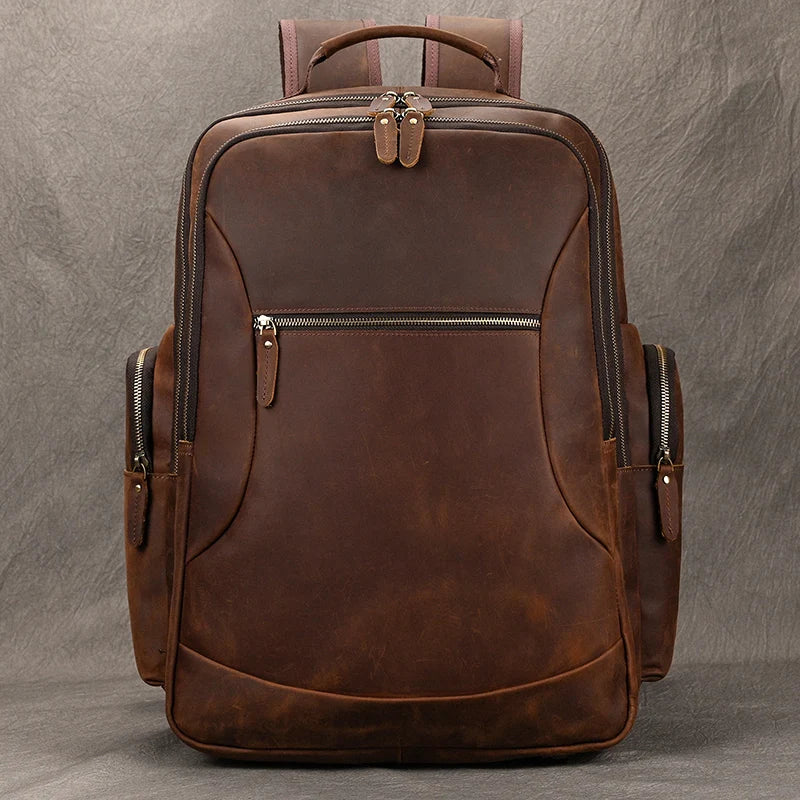 Men's Genuine Leather Zipper Closure Solid Pattern Backpack