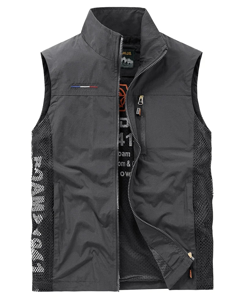 Men's Polyester Stand Collar Sleeveless Zipper Closure Solid Jacket