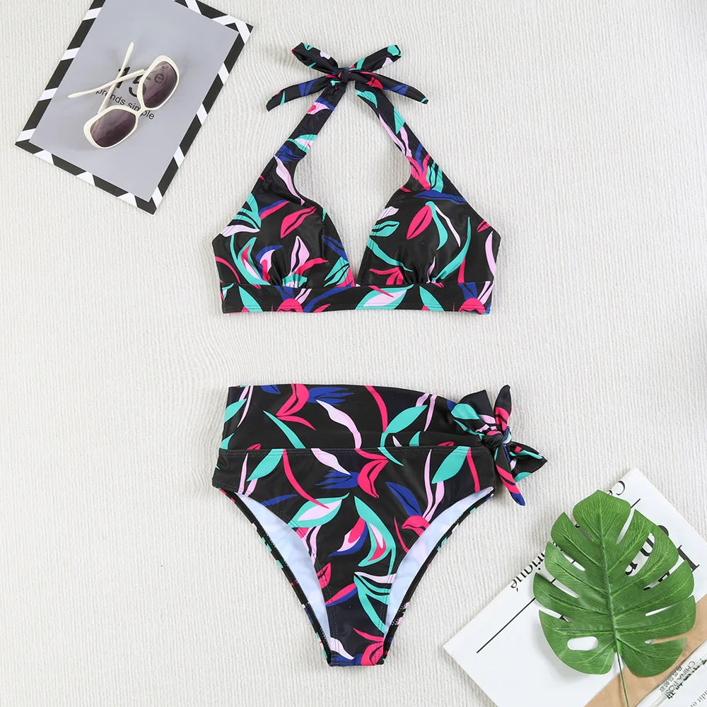 Women's Polyester V-Neck Sleeveless Mid Waist Swimwear Bikini Set