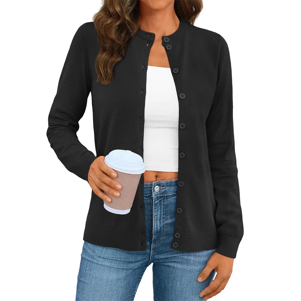 Women's Polyester Long Sleeve Single Breasted Solid Cardigan