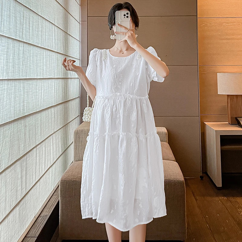 Women's Polyester O-Neck Short Sleeves Solid Maternity Dress