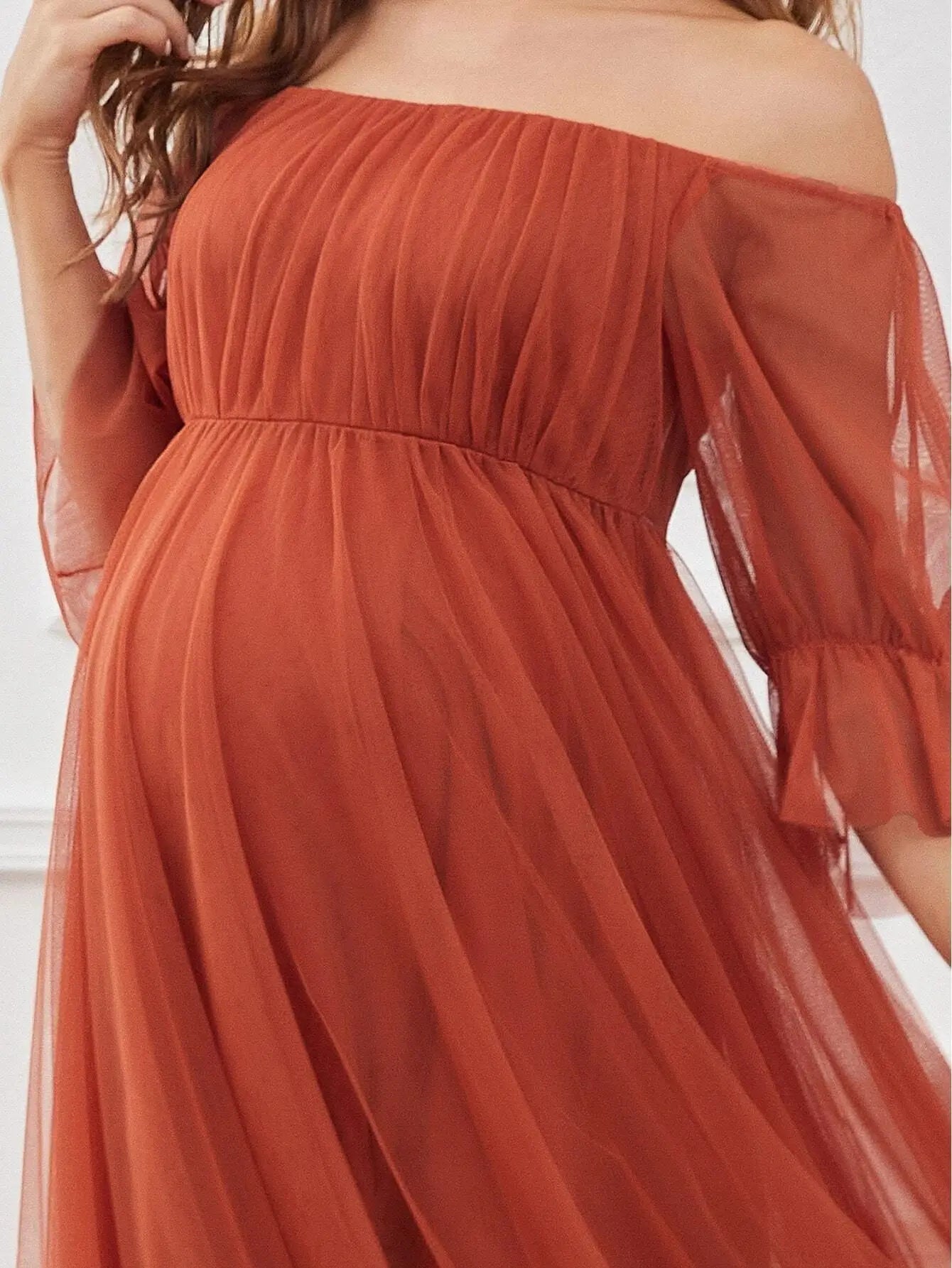 Women's Polyester Square-Neck Short Sleeve Pleated Maternity Dress