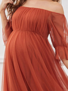 Women's Polyester Square-Neck Short Sleeve Pleated Maternity Dress