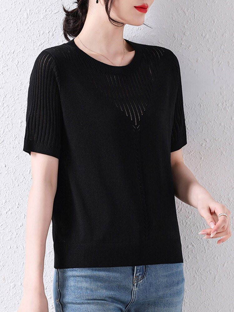 Women's Cotton O-Neck Short Sleeves Hollow Out Pullover Sweaters