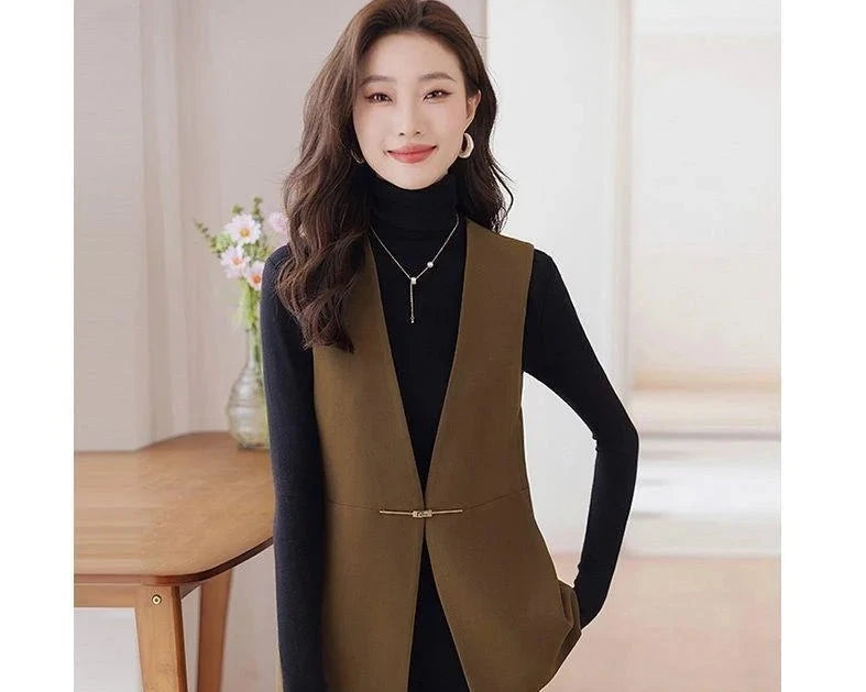 Women's Cotton Sleeveless Single Button Solid Pattern Blazers