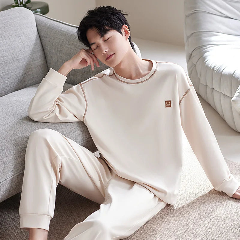 Men's Cotton O-Neck Long Sleeve Solid Pattern Sleepwear Set