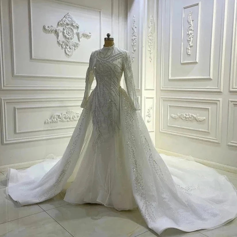 Women's High-Neck Long Sleeves Court Train Mermaid Wedding Dress