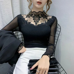 Women's Polyester Turtleneck Long Sleeves Patchwork Blouse