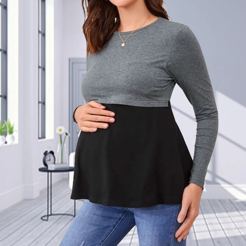 Women's Polyester O-Neck Long Sleeves Breastfeeding Maternity Top