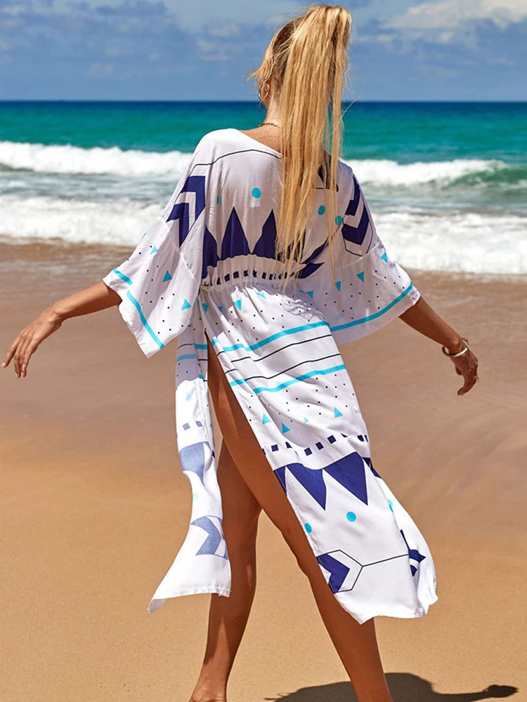 Women's Polyester Long Sleeves Printed Kaftan Beach Cover Up