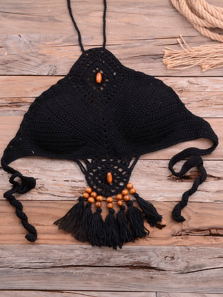 Women's Cotton Mid Waist Swimwear Knitted Pattern Bikini Set