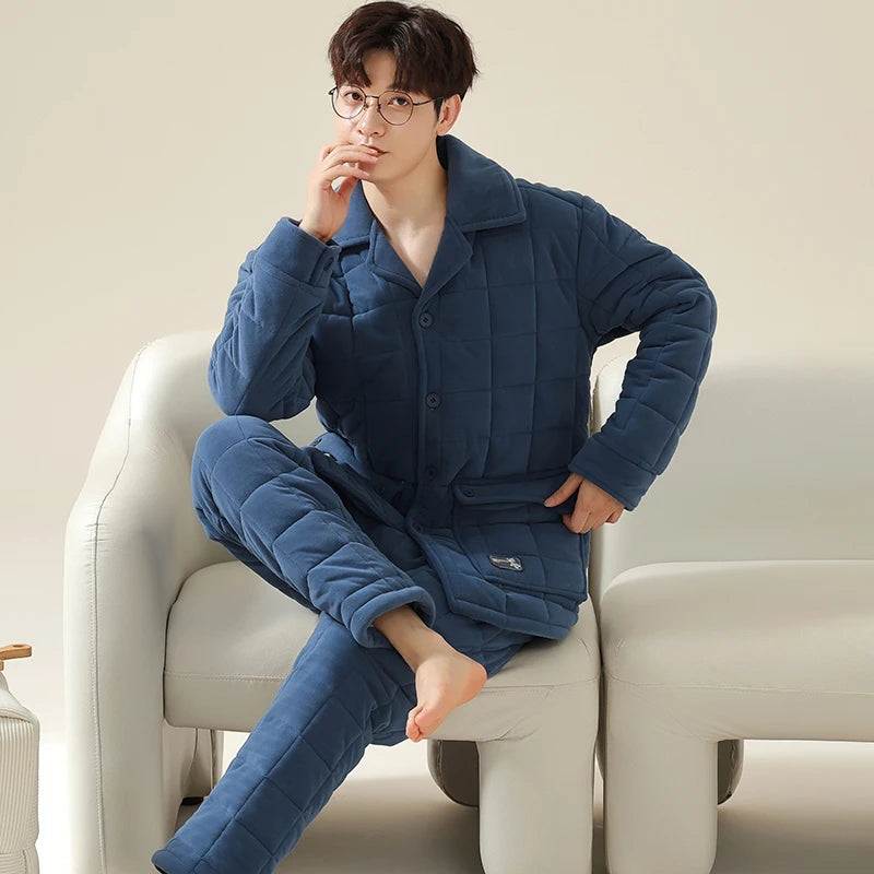 Men's Flannel Turn-Down Collar Full Sleeves Sleepwear Pajamas Set