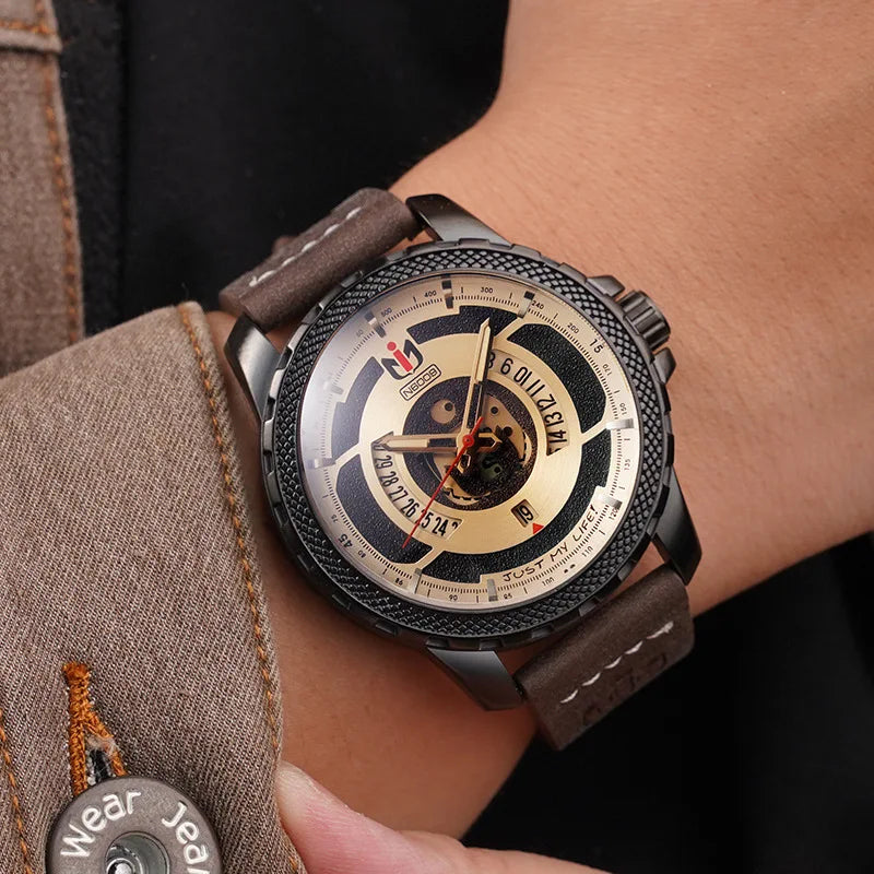 Men's Round Leather Buckle Strap Solid Pattern Casual Watch