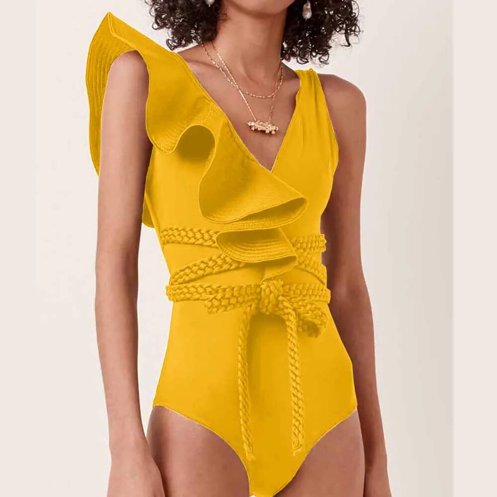 Women's Polyester Ruffle Solid Quick-Dry One-Piece Swimwear