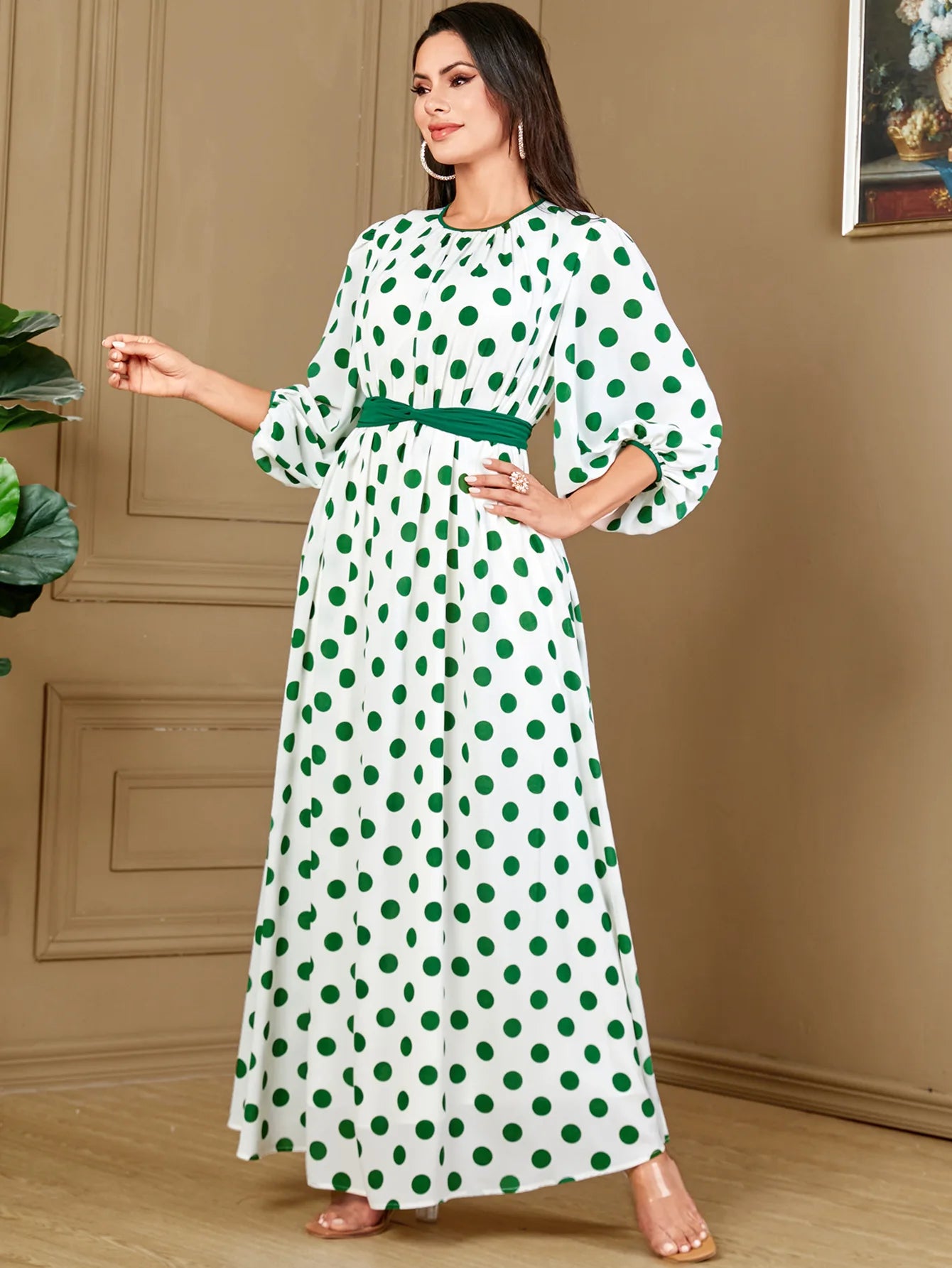 Women's Arabian Polyester Full Sleeves Dotted Pattern Dress