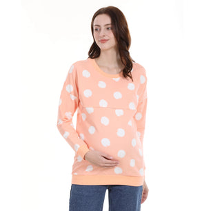 Women's Cotton O-Neck Long Sleeve Dotted Pattern Maternity Dress