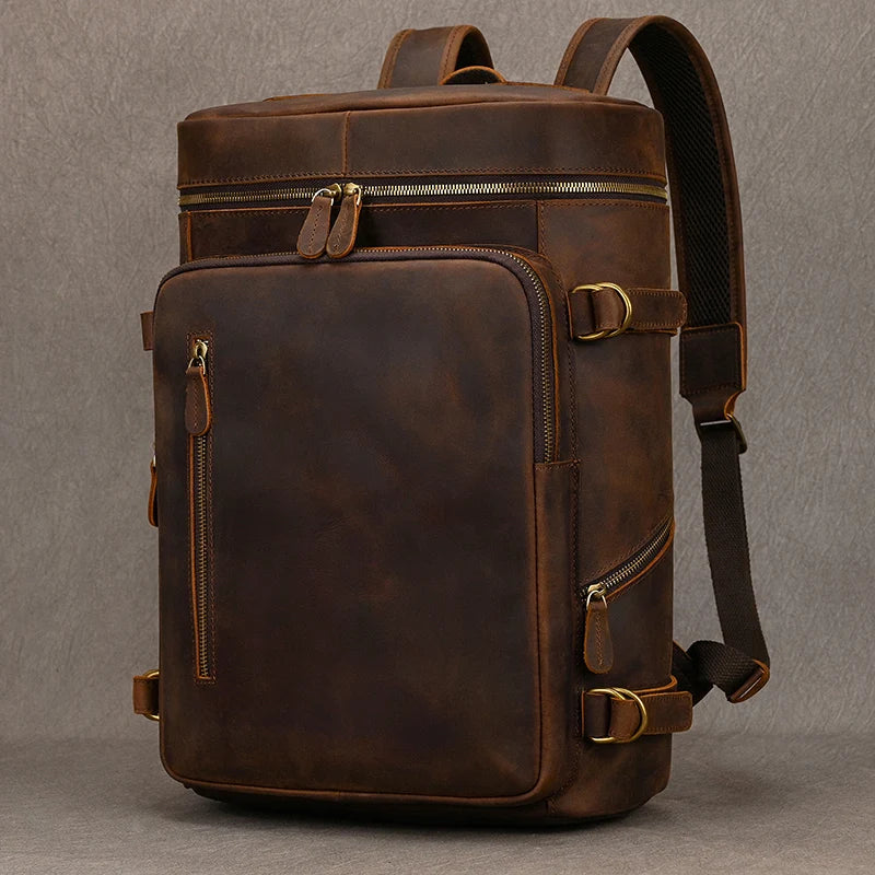 Men's Genuine Leather Zipper Closure Solid Pattern Backpack