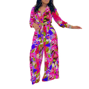 Women's Polyester Turn-Down Collar Long Sleeves Printed Jumpsuit