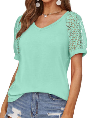 Women's V-Neck Polyester Short Sleeves Hollow Out Casual Blouse