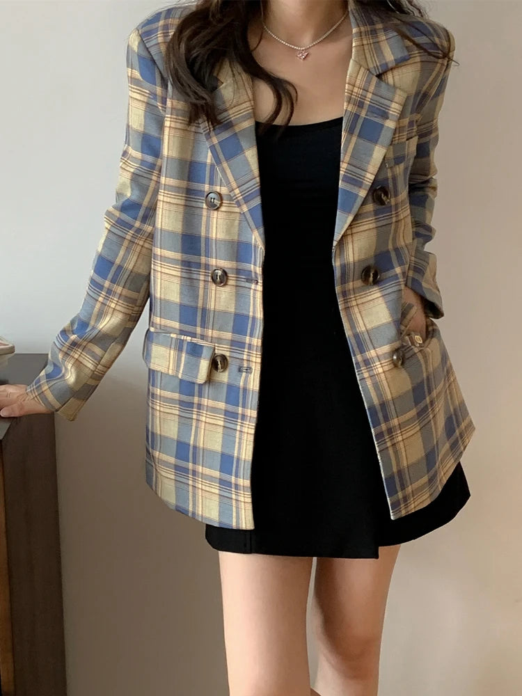 Women's Cotton Notched Long Sleeves Double Breasted Blazer