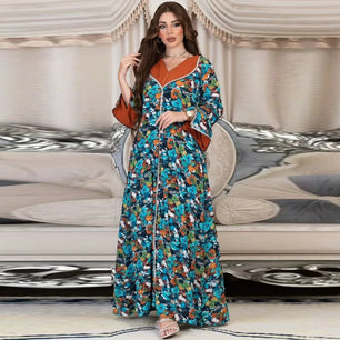 Women's Arabian Polyester Full Sleeve Floral Pattern Casual Dress