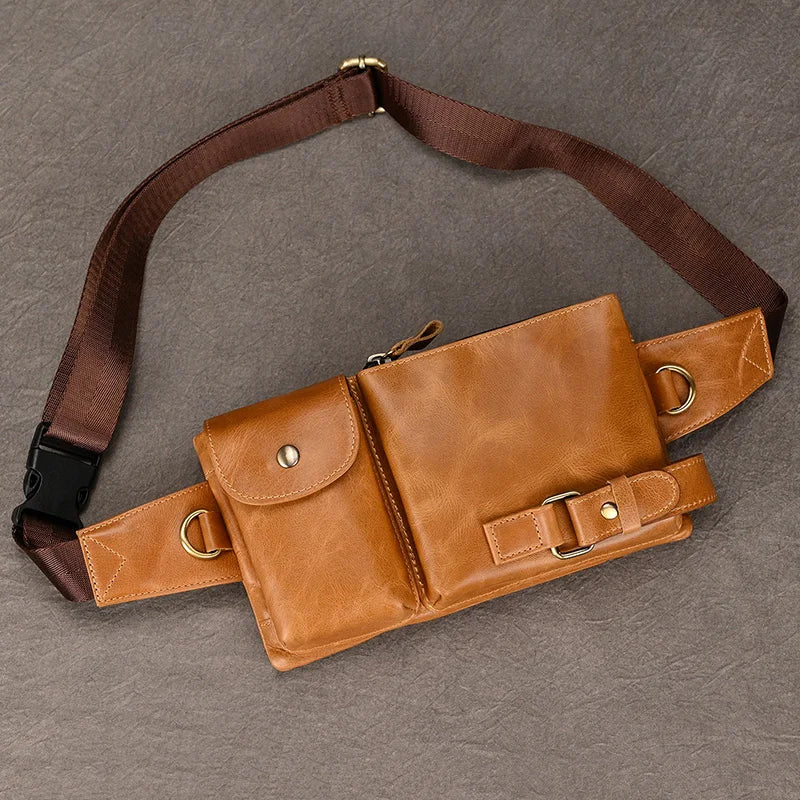 Men's Genuine Leather Solid Pattern Zipper Closure Waist Pack