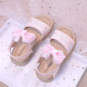 Kid's PU Open Toe Hook Loop Closure Bowknot Casual Sandals