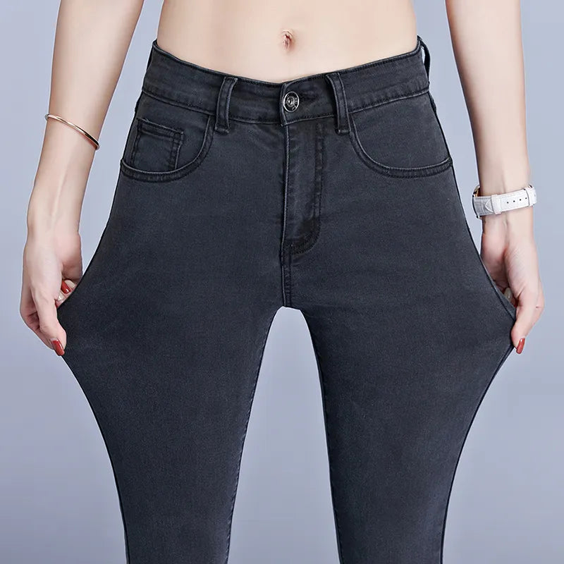 Women's Cotton High Elastic Waist Zipper Fly Closure Denim Pants
