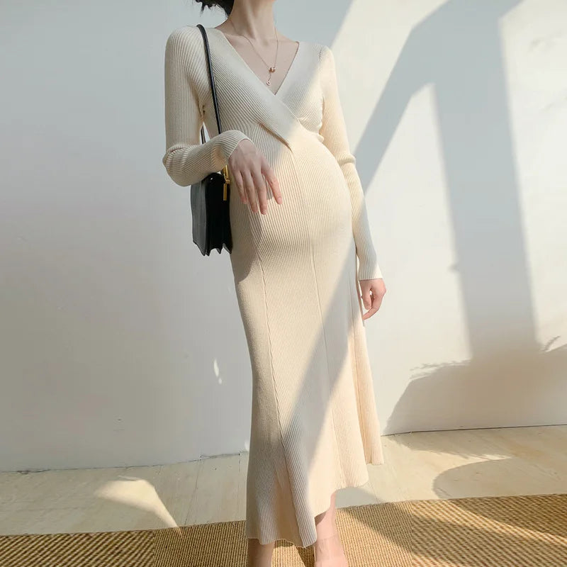 Women’s Acrylic V-Neck Long Sleeves Solid Pattern Maternity Dress