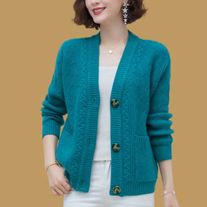 Women's Acrylic V-Neck Long Sleeve Knitted Casual Wear Cardigan