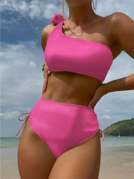 Women's Polyester Mid Waist Swimwear Solid Pattern Bikini Set