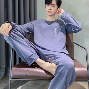 Men's Cotton Full Sleeve O-Neck Solid Pattern Pullover Sleepwear