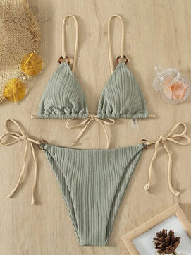 Women's V-Neck Polyester Mid Waist Bathing Swimwear Bikini Set