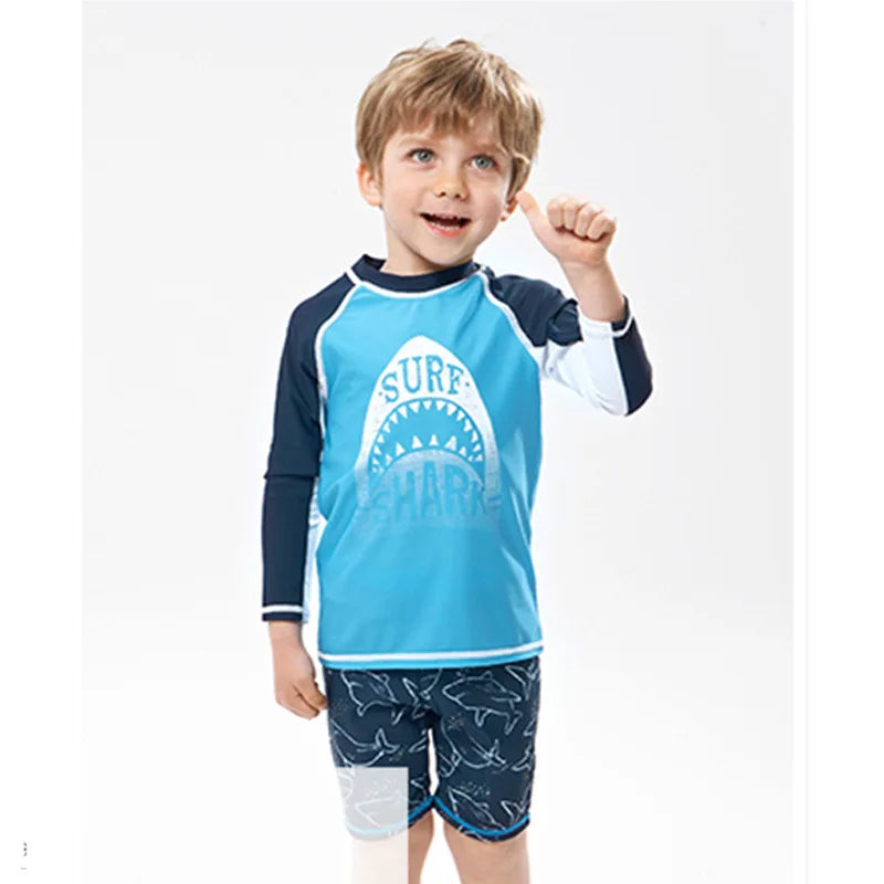 Kid's Boy O-Neck Spandex Full Sleeve Printed Pattern Swimsuit