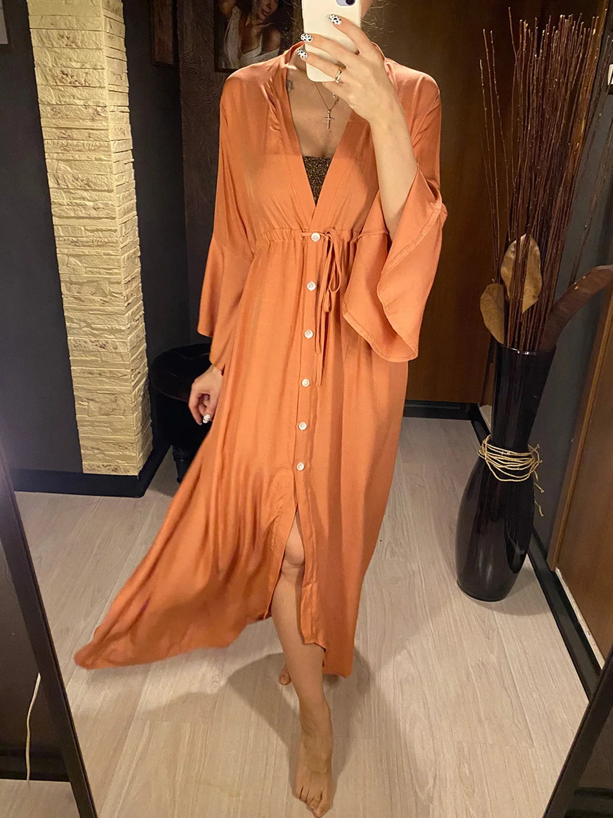 Women's Polyester Full Sleeves Solid Pattern Bathing Cover Up