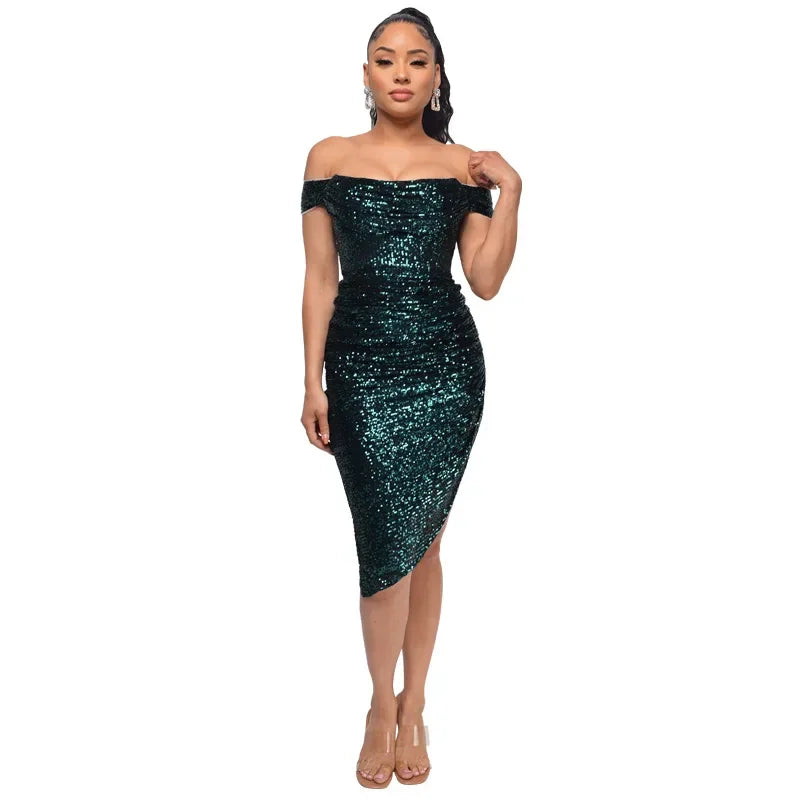 Women's Polyester Square-Neck Sequined Pattern Party Wear Dress