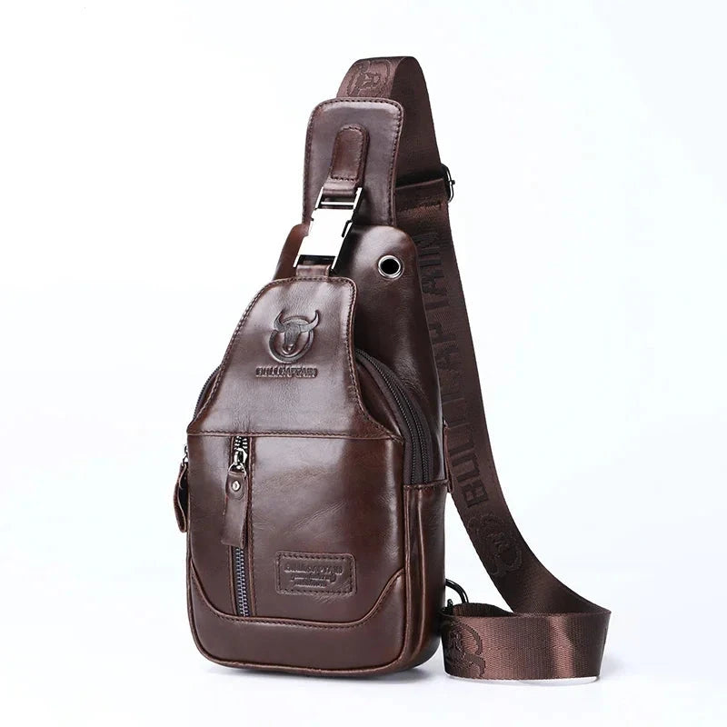 Men's Genuine Leather Zipper Closure Solid Pattern Shoulder Bag