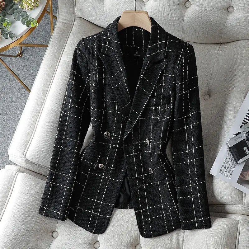 Women's Notched Collar Full Sleeves Double Breasted Plaid Blazers