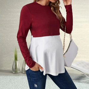 Women's Polyester O-Neck Long Sleeves Breastfeeding Maternity Top