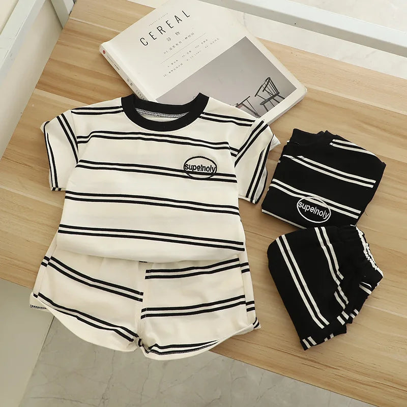 Kid's Cotton O-Neck Short Sleeves Striped Pullover Casual Clothes