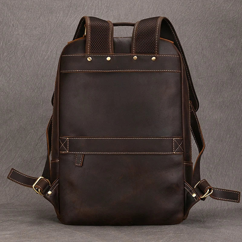 Men's Genuine Leather Zipper Closure Solid Pattern Backpack