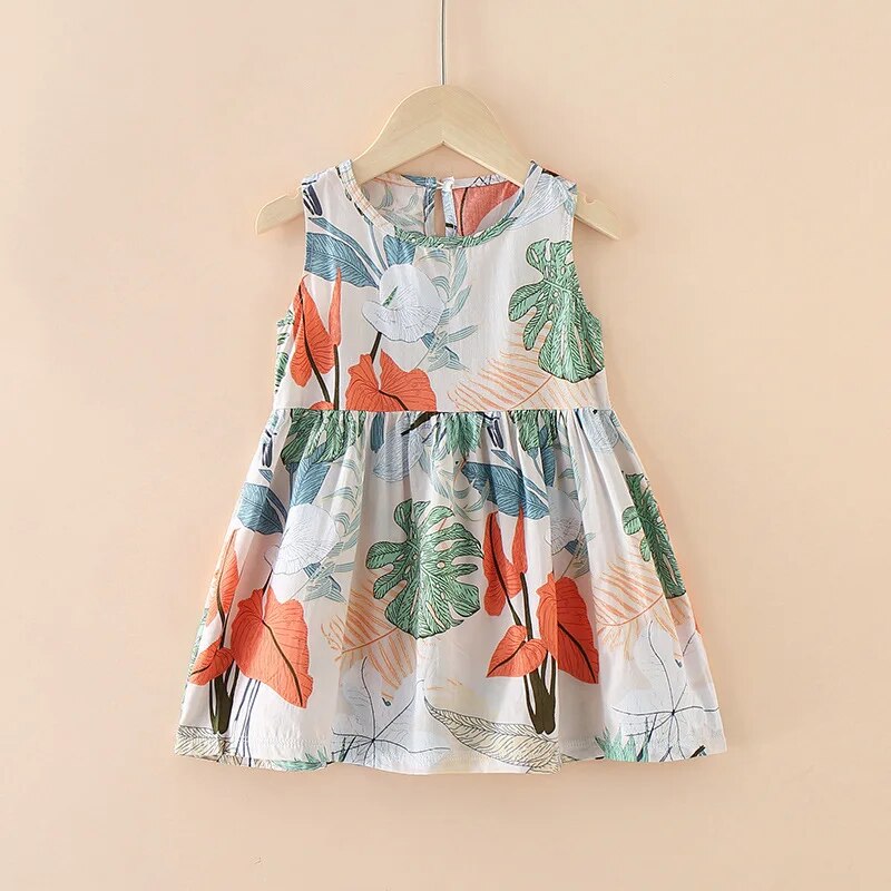 Baby Girl's 100% Cotton O-Neck Sleeveless Printed Pattern Dress