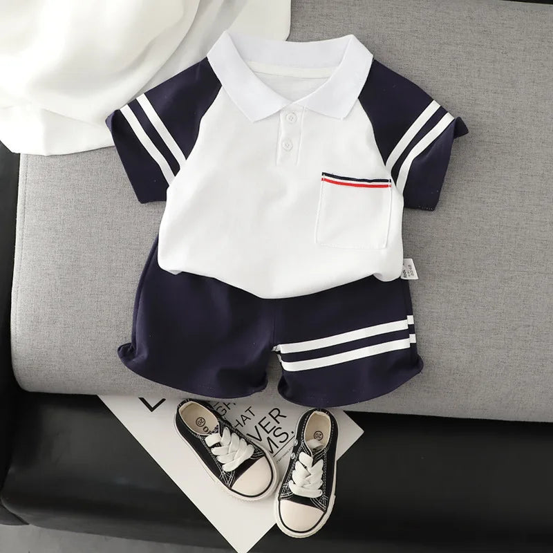 Kid's Polyester Turn-Down Collar Short Sleeves Two-Piece Set