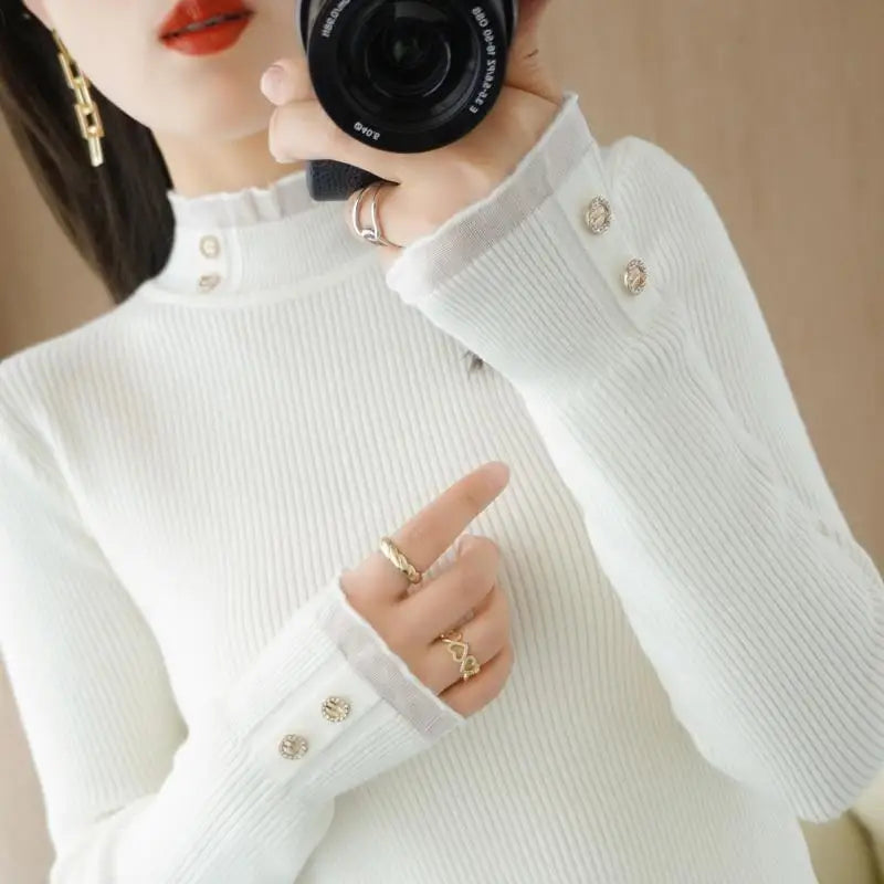 Women's Acetate Mock Neck Full Sleeves Solid Pattern Sweater