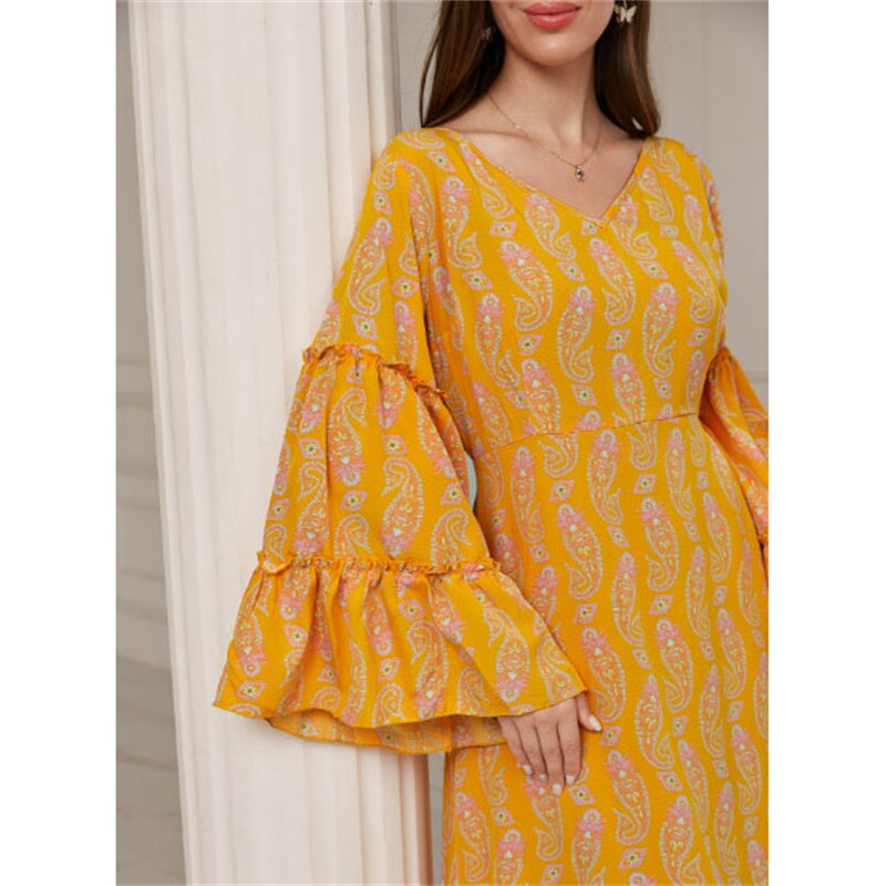 Women's Arabian V-Neck Polyester Full Sleeves Printed Dresses