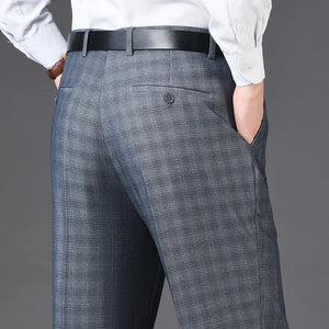 Men's Rayon High Waist Zipper Fly Closure Plaid Formal Pants