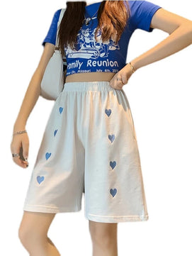 Women's Cotton High Elastic Waist Casual Heart Pattern Shorts